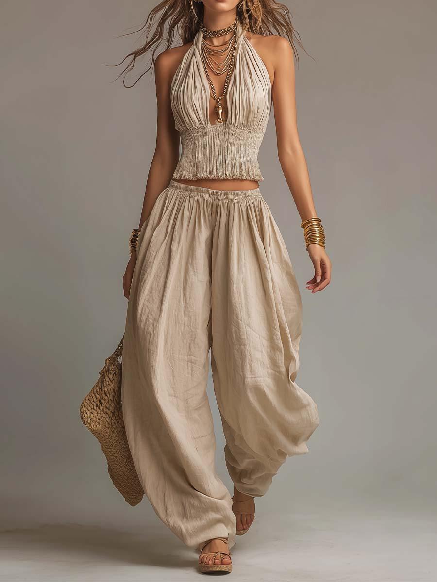 2026 European and American cross-border Amazon new bohemian cotton and linen neck pleated short top bloomers cover S