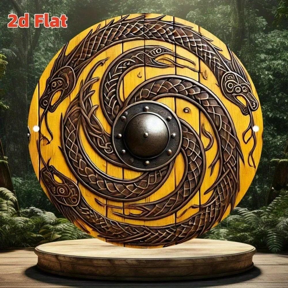 Викингский Норвежский Дракон Щит Металлическая Жестяная Вывеска, Средневековое Настенное Искусство Декор для Гостиной Спальни Кухни, Готический Хэллоуин 20x20