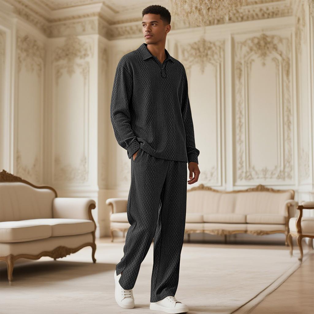Solid-Color Textured Casual Collared Pullover Long-Sleeve Top And Pants Sports Set