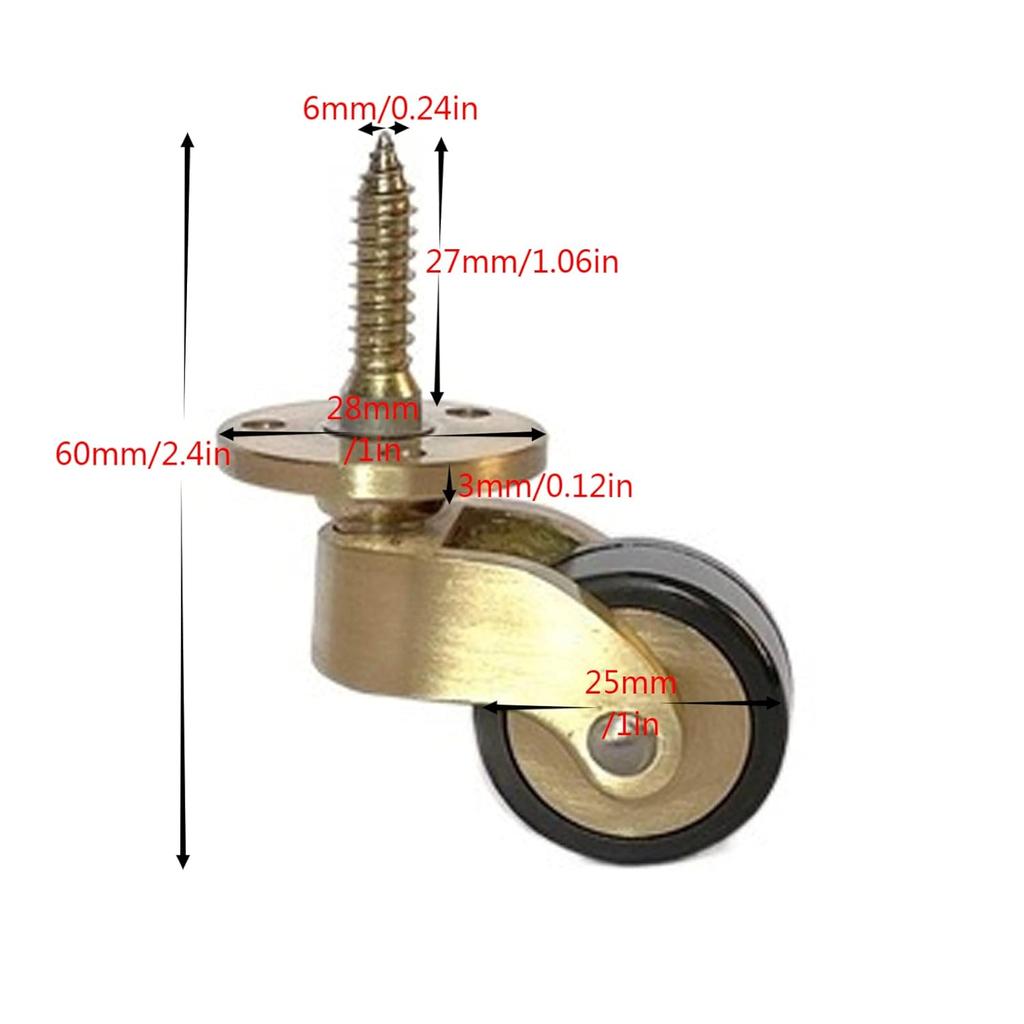 25mm Massivmessing Lenkrolle - Antikstil 360° Schwenkbar Vintage Gummirollen für Möbel Mit Schrauben, 4er Set - Belastbarkeit 330 lbs