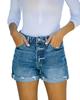 Women's Dark Blue Washed Denim Mid-Waist Shorts - Straight Fit, Cotton, Casual Style, 2021.
