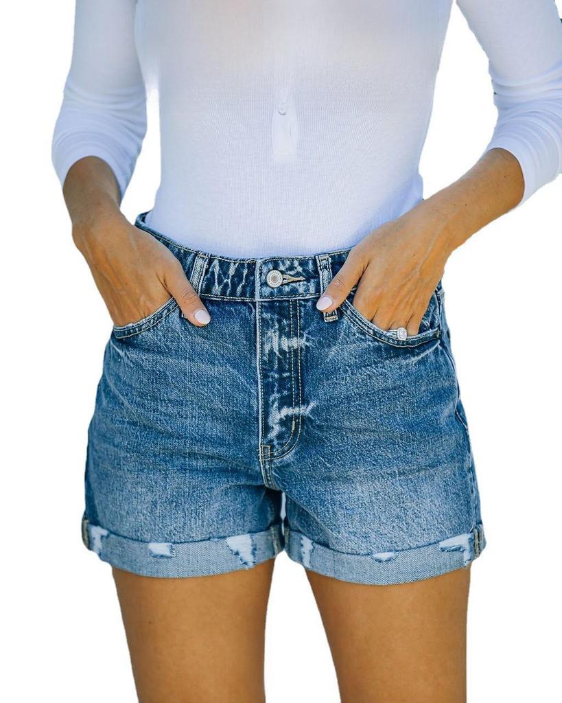 Women's Dark Blue Washed Denim Mid-Waist Shorts - Straight Fit, Cotton, Casual Style, 2021.