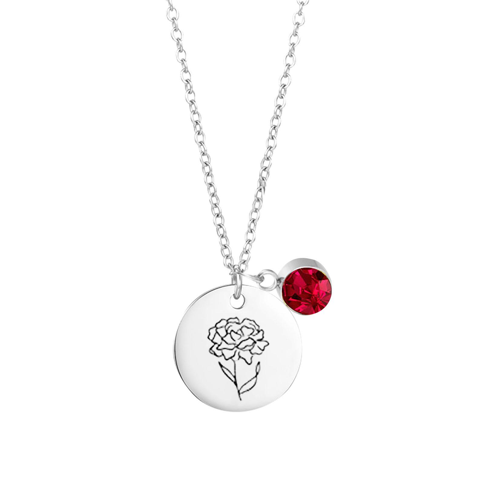 Stainless Steel Necklace, Round Disc, Birthday Flower And Birthstone Pendant Necklace One Size
