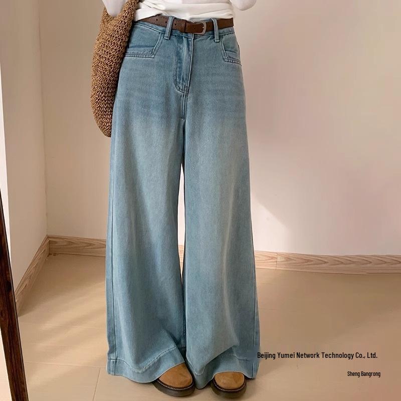 Women's Light Blue Wide Leg Jeans - Plus Size, Pear Shape, Slimming, Spring Season, Hip Covering