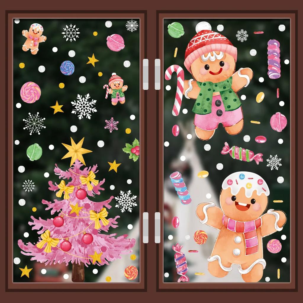 Christmas Pink Santa Claus Stickers Xmas Ball Garlands Bell Snowman Static Stickers Merry Christmas Decor Happy New Year