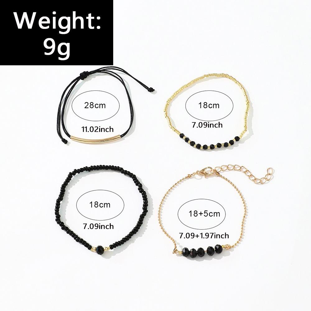 4PCS Fashion  Black Glass Stone Bracelet Set For Women Bohemian Multilayer Stacked Rice Beaded Link Chain Jewelry