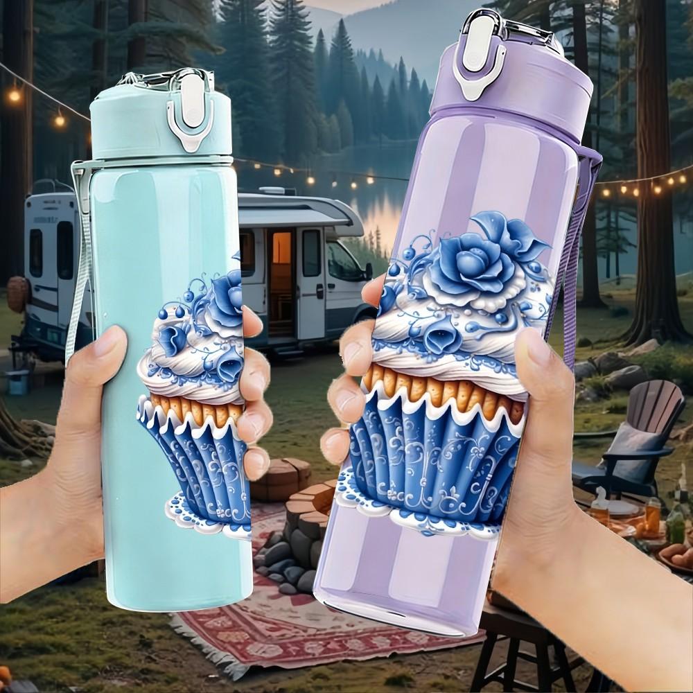 1PC Blue Frosted Cupcake 750ml Color Plastic Sports Water Bottle Leakproof Flip Straw Lid Suitable for Sports Office Home Use