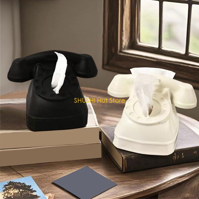 Vintage Phone Tissue Box Elegant Paper Holder for Office Desk Decoration D57B
