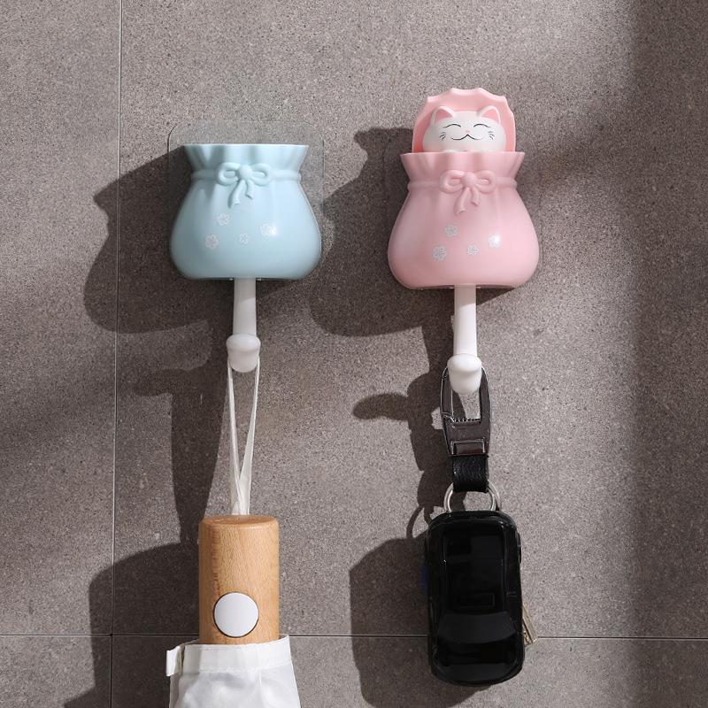 Cute Wall Coat Hook Lucky Bag Cat Shape Punch Free Self Adhesive Decorative Coat Hook for Hanging