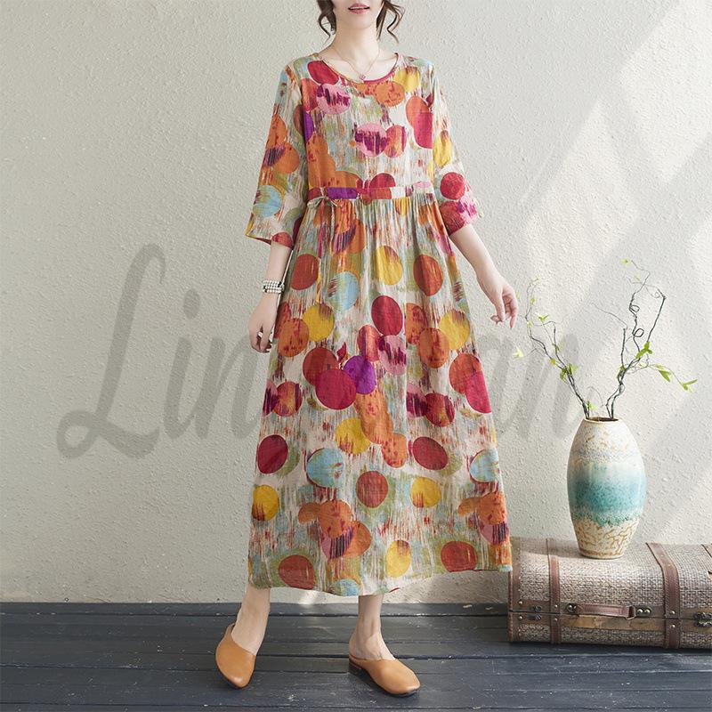 Summer Retro Print Cotton Linen Maxi Dress for Women M красный