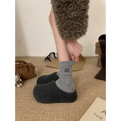 Small Man with Thick Sole and Height Increase of 5cm Retro Ugly Cute Big Head Bread Shoes Gray Velvet Birkenstocks