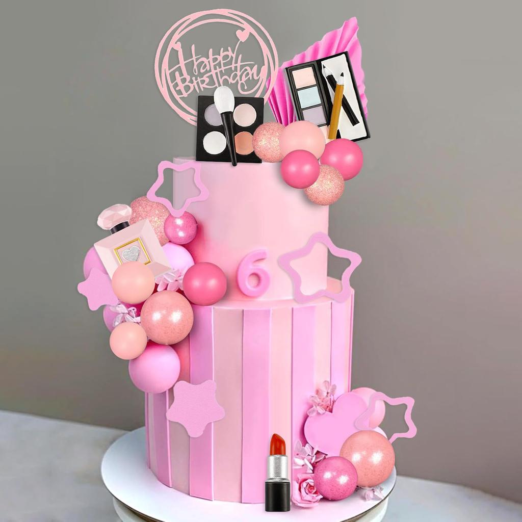 34-teiliges Set Make-up-Kuchenaufsätze, Happy Birthday-Kuchenaufsätze mit Lippenstift, Lidschattenpinsel, Make-up-Pinsel für Mädchen, Geburtstagsdekoration