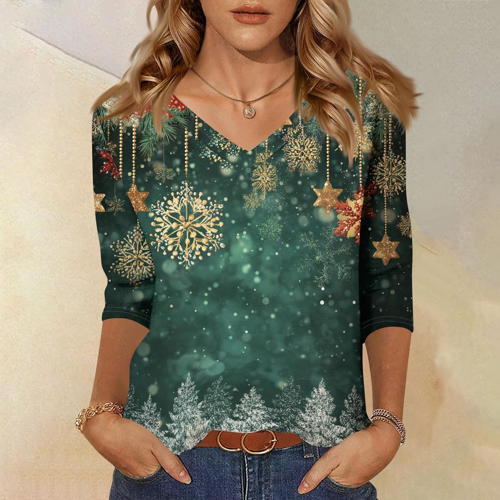 Women's Casual Christmas Print V-Neck Three-Quarter Sleeve Loose Fit Blouse for Holiday Party