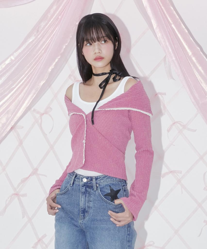 Margarin Fingers Lace Off-Shoulder Cardigan (Pink)