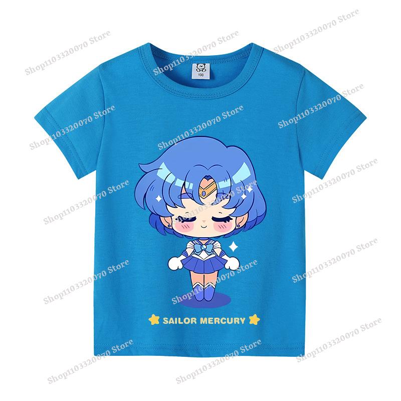 Sailors Moons Cotton T-shirt Sweet Anime Printed Girl Short Sleeve Cartoon Casual Kids Shirts Summer Child Tops