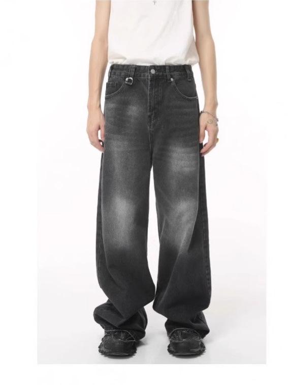 Men's Vintage Washed Wide-Leg Jeans: Retro Straight, Loose Drape, Floor-Length, Spring/Autumn 2025.
