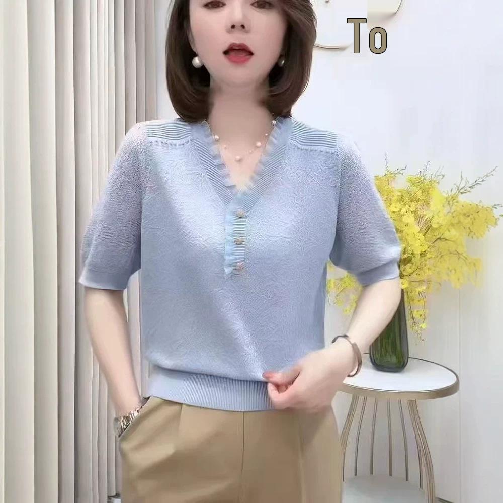 Summer Lace V-Neck Tencel Short-Sleeve Women’s Jacquard Knit Top