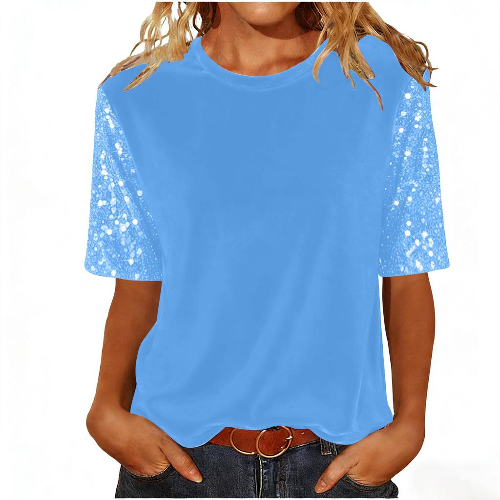 Women's Fashion Casual Round Neck Short Sleeve Patchwork Sequined Top