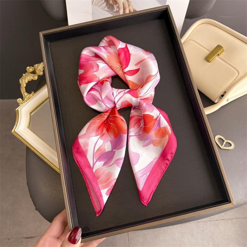 2026 New Floral Print Silk Square Scarfs for Women Decorate Neck Ties Kerchief Lady Summer Beach Hijab Female Neckerchief Wraps