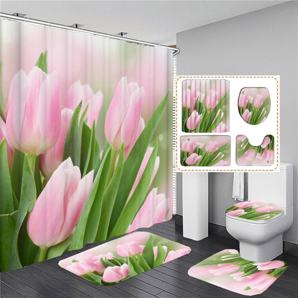 Pink Floral Rose Waterproof Shower Curtain Sets Toilet Seat Cover Non-Slip Bath Mat Rug Carpet Bathroom Decor Polyester Fabric
