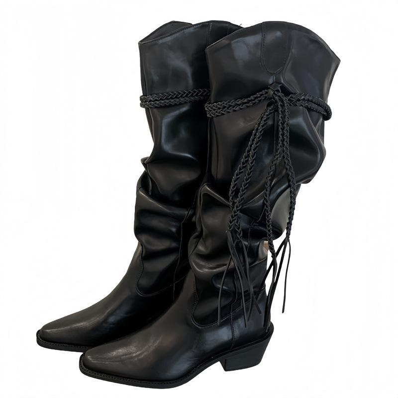 2025 autumn and winter new long western cowboy boots white fashionable hemp rope fringed strap thick heel pointed knight boots