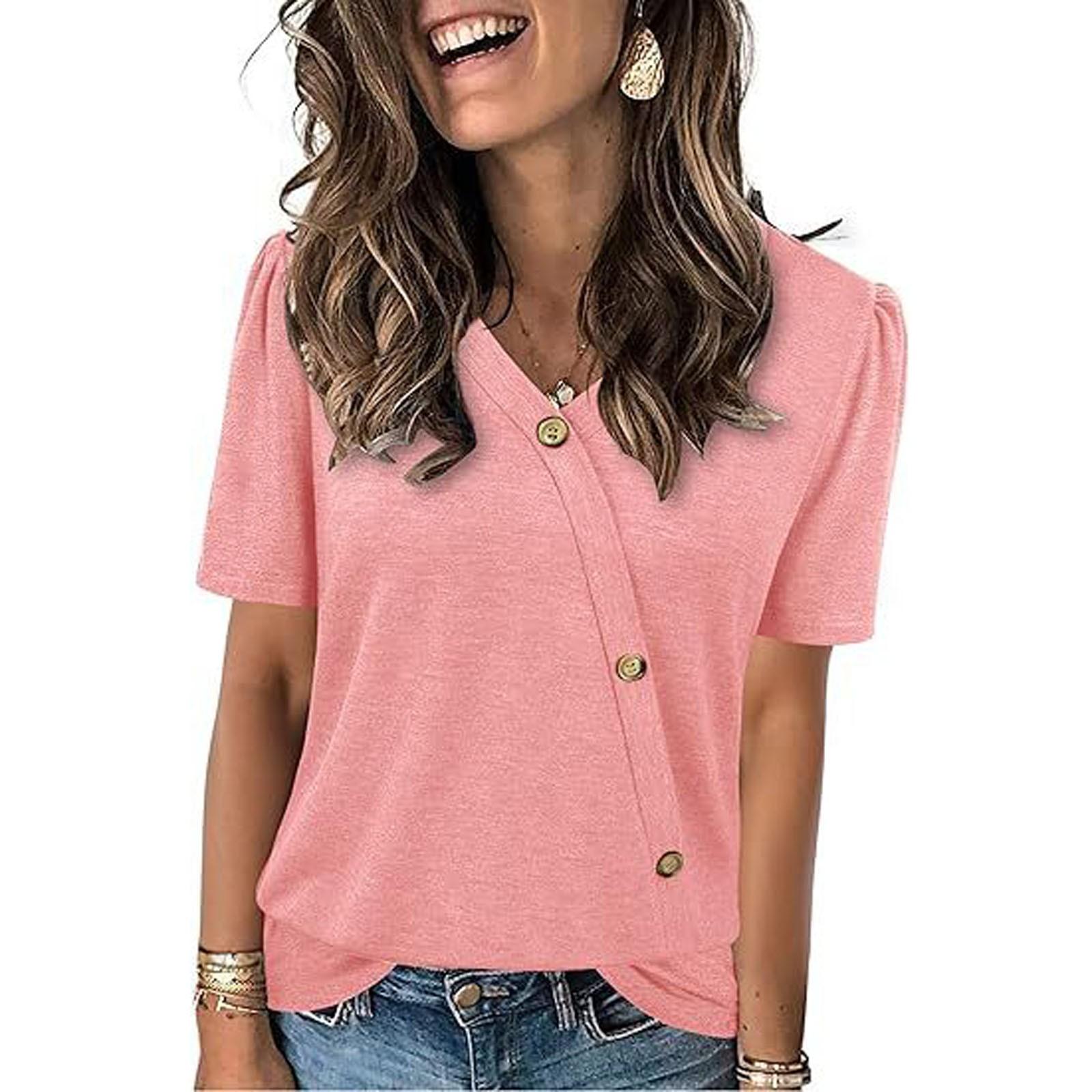 

Женская свободная повседневная однотонная футболка с короткими рукавами и V-образным вырезом на пуговицах L красный