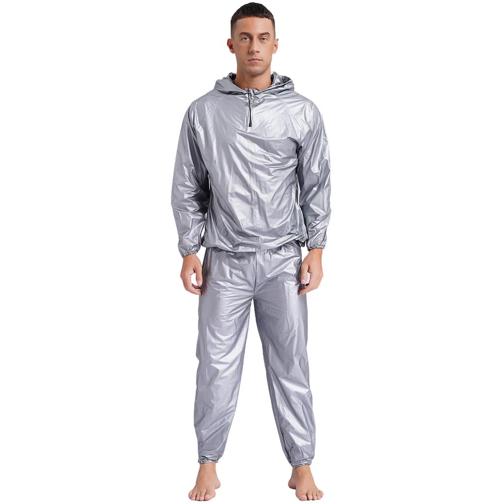 S-4XL Tuta da Sauna Sudorazione Uomo Manica Lunga Giacca con Cappuccio con Pantaloni a Vita Elastica PVC Allenamento Palestra Outfit