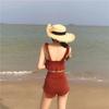 Conservative Knit Bikini Set Ruffle Trim Push Up High Waisted Boy Short Tummy Control Slimming Student Summer Beach Hot Spring Bathing Suit Swimwear