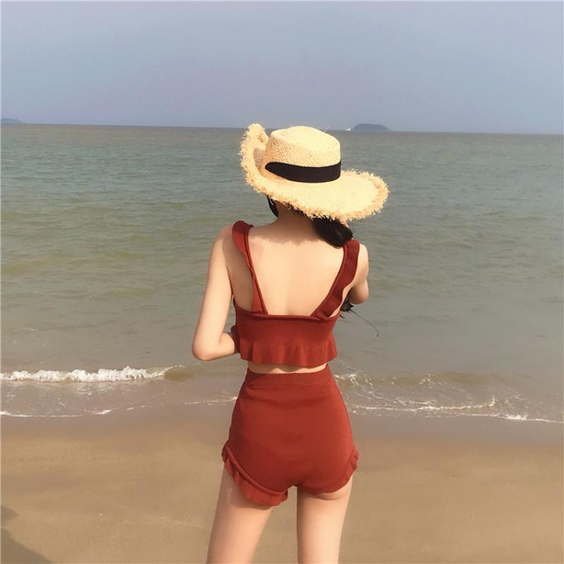 Conservative Knit Bikini Set Ruffle Trim Push Up High Waisted Boy Short Tummy Control Slimming Student Summer Beach Hot Spring Bathing Suit Swimwear