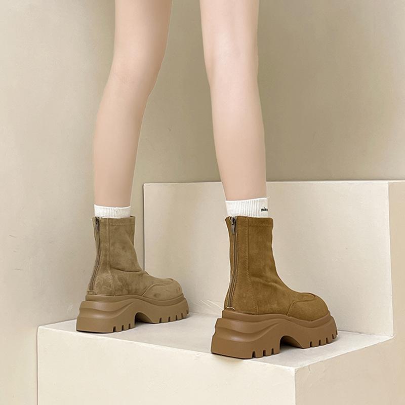 Fashion Retro Street Round Head Thick Heel Thick Sole Thin Boots Women's 2025 Autumn and Winter New Simple Small Martin Boots