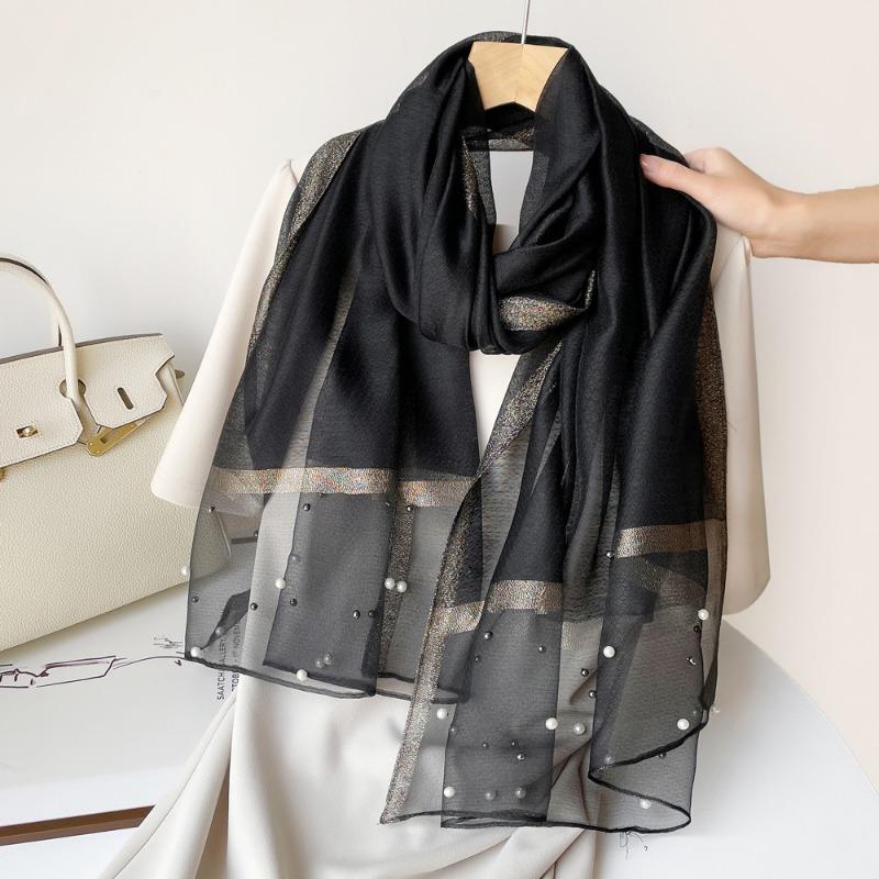 

Spring new solid color pearl silk scarf women s imitation silk light large shawl long scarf scarf 190*70cm