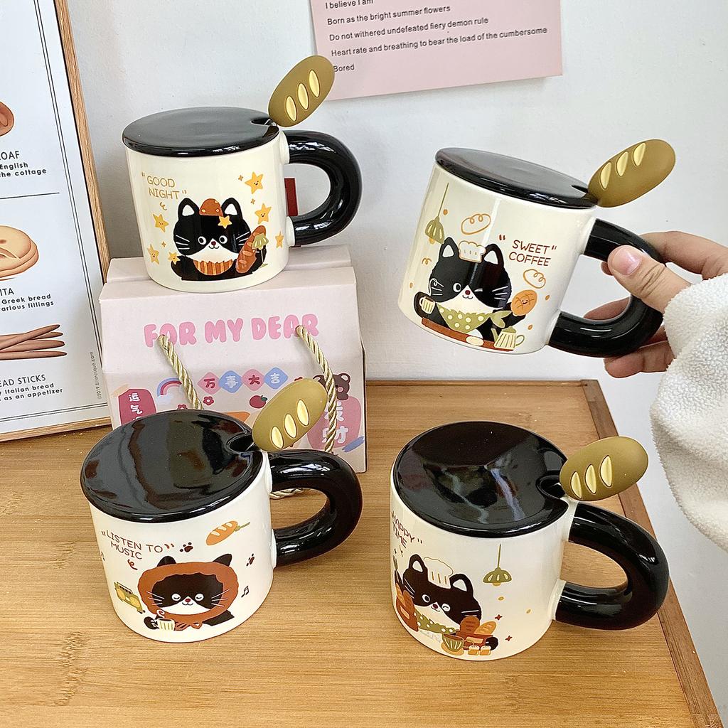 Brot Kätzchen Tasse mit Deckel Löffel Große Kapazität Keramiktasse für Mädchen Büro Wasserbecher Kaffee Frühstückstasse Männer