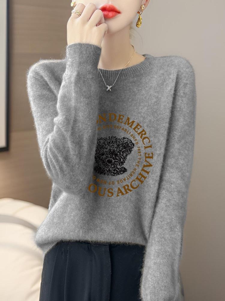 Fresh Korean Style Women's Andy Fleece Printed Sweater - Round Neck, Long Sleeve, Autumn Knit Base Layer