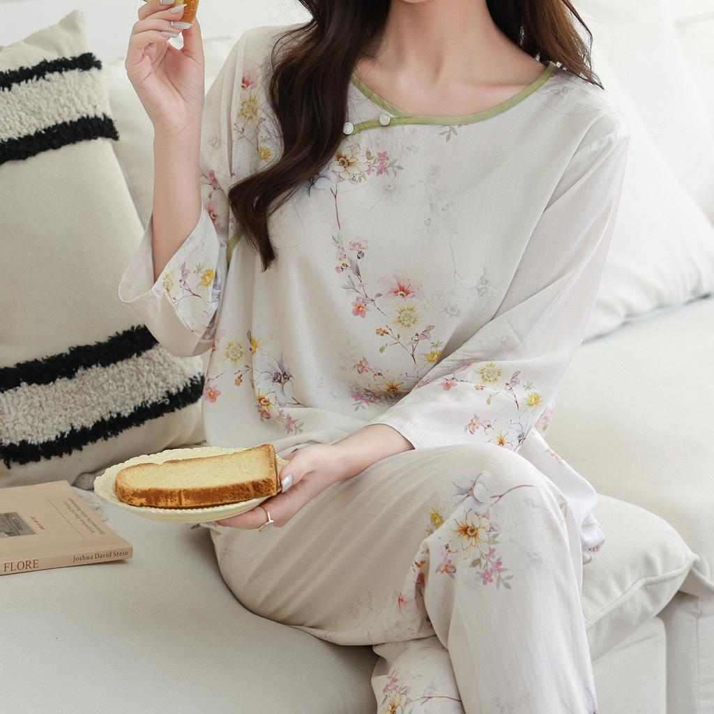 Pajamas women's spring and autumn silk new Chinese loungewear can be worn outside the national style middle-aged and elderly mother's cotton and silk