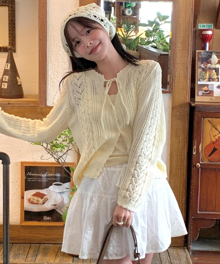 CLUNY [Set] Daisy Leaf Scallop Knit Cardigan - Butter