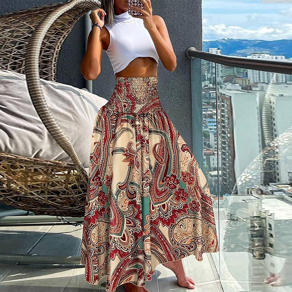 Women’s Casual Loose Boho Elastic Waist A-Line Beach Flowy Swing Vacation Floral Printing Maxi Skirt