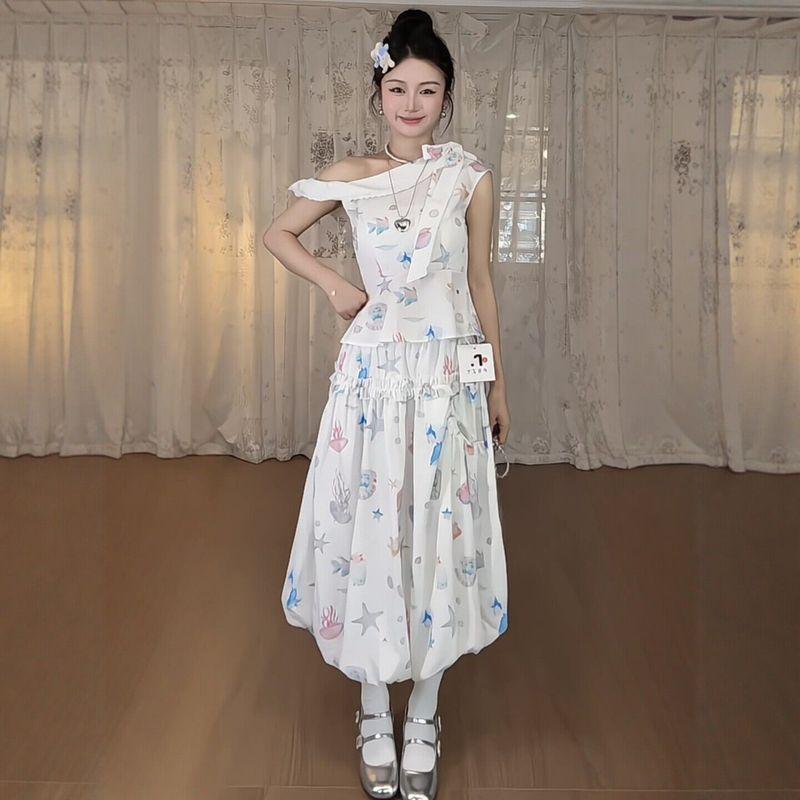 

Plus-Size Women s Clothing for Fat Girls, Korean Style Sweet Style Off-Shoulder Top + Skirt, 2026 Summer Fashion Slimming Two-Piece Set White M