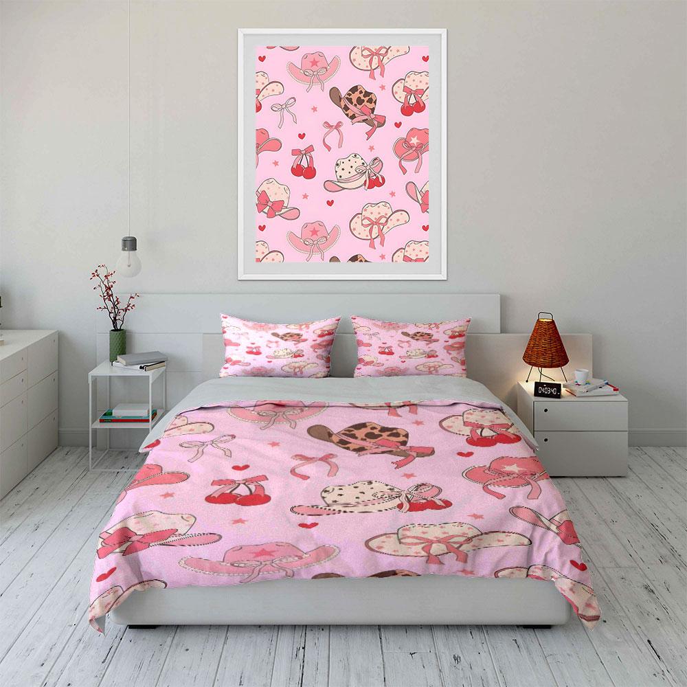 Cute Cowboy Hat Pattern Set Bedding Set with 1 Duvet Cover 2 Pillowcases Single Double King Queen, Gift