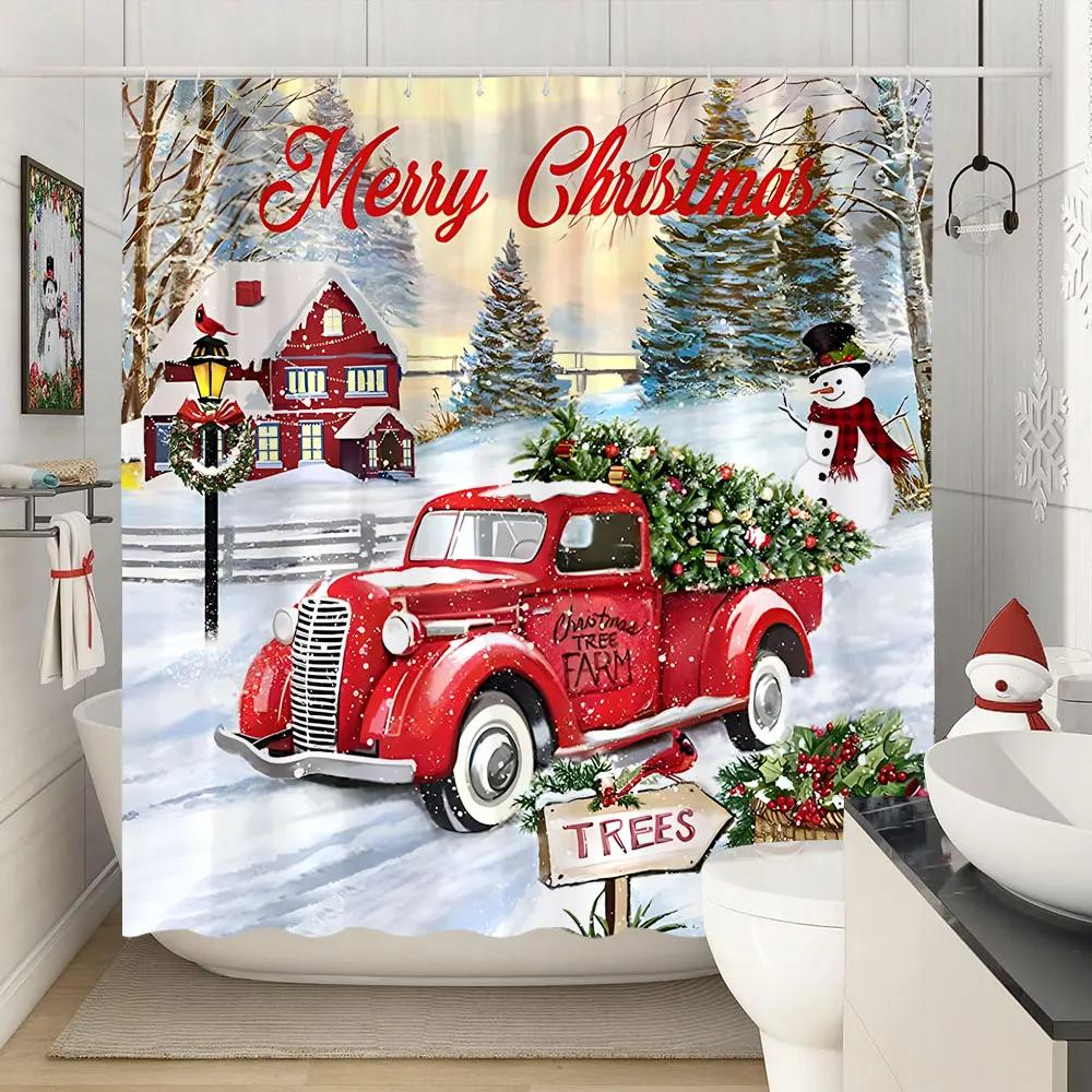 Frohe Weihnachten Duschvorhänge Winter Schneeflocke Weihnachten Kiefer Blätter Lampe Urlaub Bauernhaus Home Stoff Bad Vorhang Badezimmer Dekor