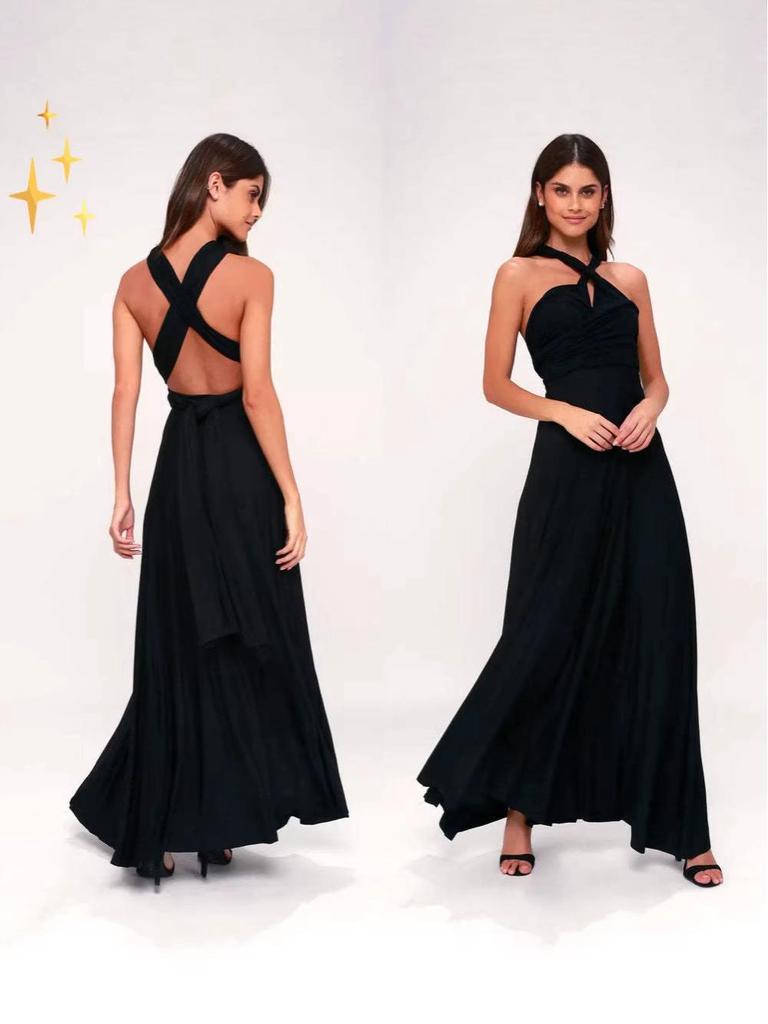 European & American Women's Solid Halter V-Neck Sleeveless Long Evening Gown