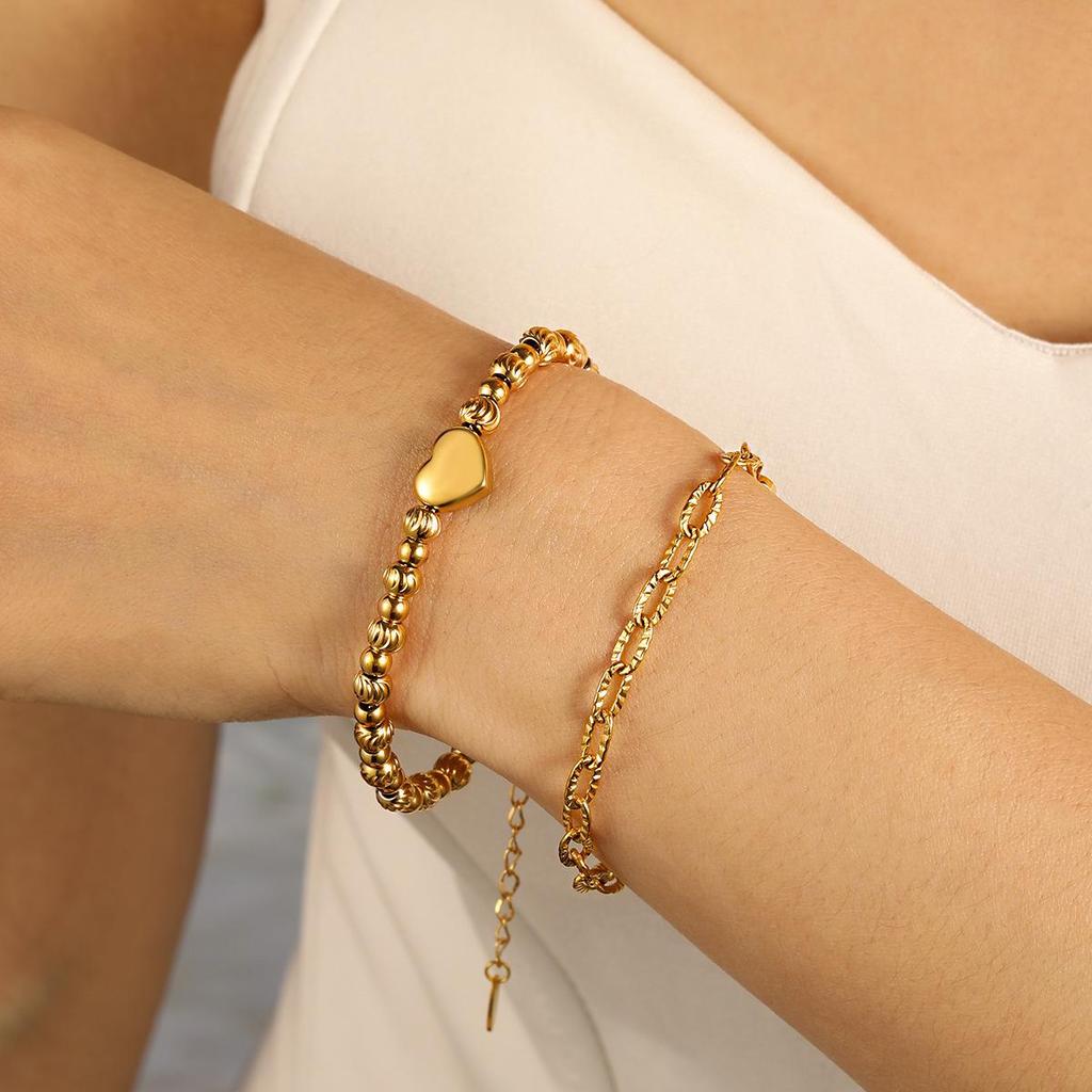 Elegant Heart & Round Bead Bracelet: European & American Style for Girls