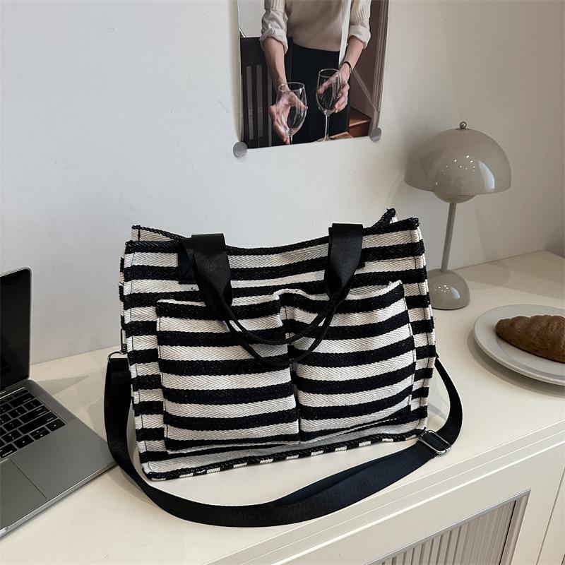Literary Contrasting Color Canvas Bag Spring and Summer New Tote Bag Large Capacity Shoulder Underarm Striped Beach Bag