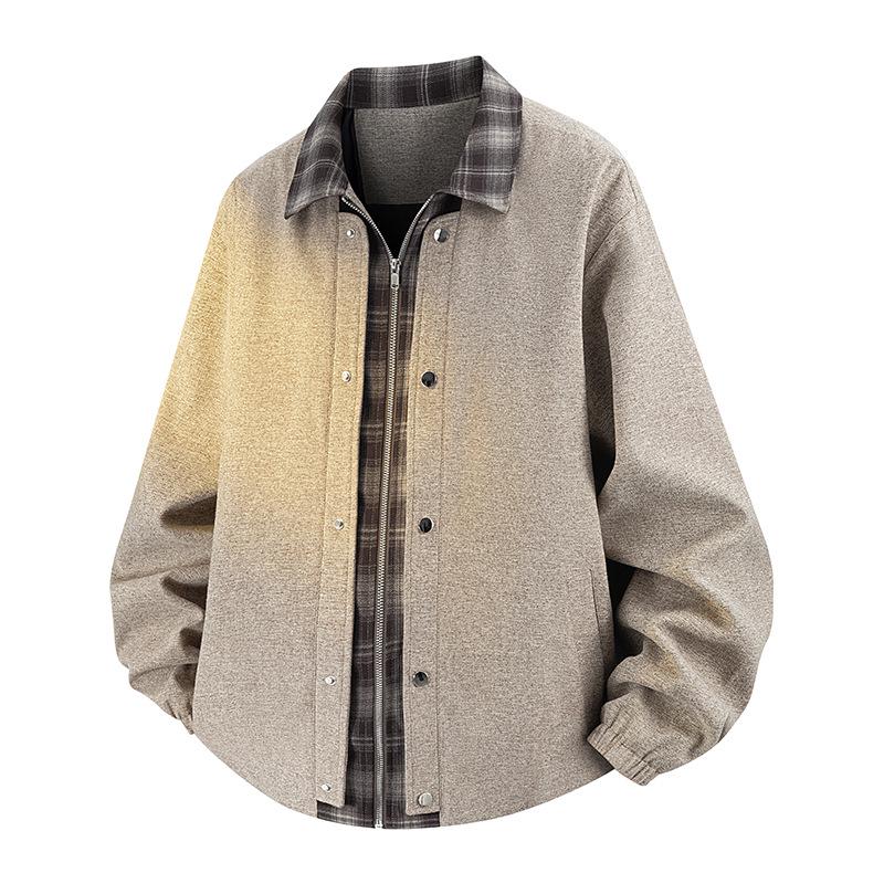 Men's Plaid Patchwork Two-Piece Look Jacket, Spring/Autumn 2026, Plus Size Loose Lapel Outerwear