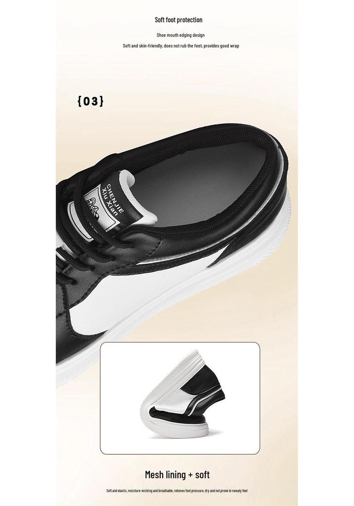 Men's Height Increasing Platform Board Shoes - Thick Sole, Color Blocking, Spring Low-Top Cowhide Sports Sneakers