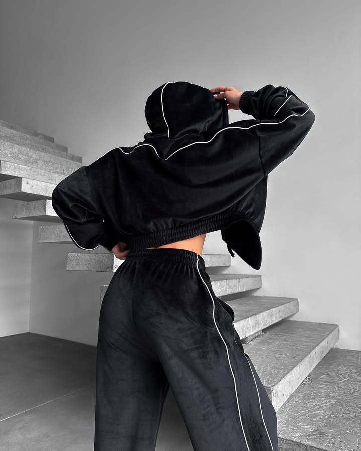 Velvet Stripe Hoodie Cardigan & Wide Leg Pants Two-Piece Set for Women
