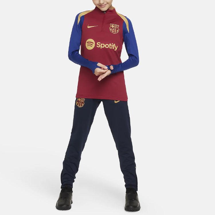 Nike F.C. Barcelona Strike Letter Print Color Block Football Training Long Sleeve T-Shirt Kids Tops Noble-Red FJ5534-621