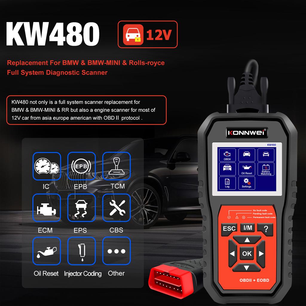 KONNWEI KW480 All System OBD Scanner Diagnostic Tool with 11 Special Function Battery Matching,