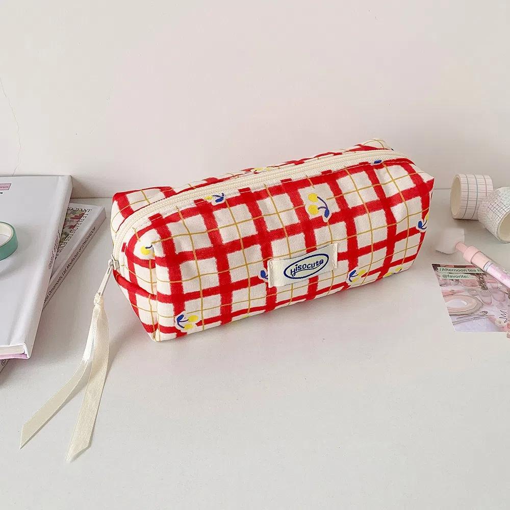 Large Capacity Y2K Cherry Pencil Case Checkered Cartoon Cherry Makeup Bag Korean Pencil Bag  Gifts