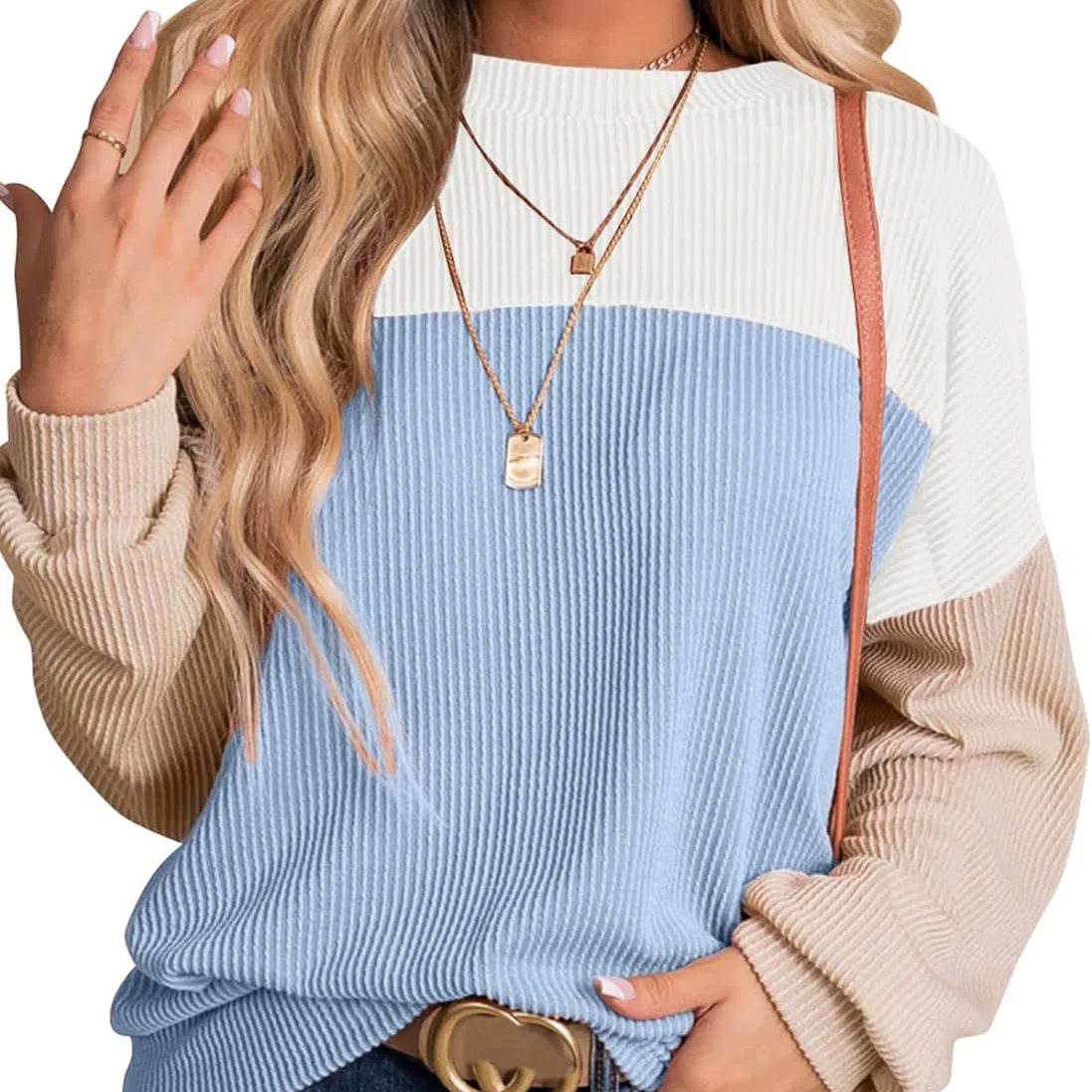 

Womens Fashion Color Block Long Sleeve Crewneck Knitted Casual Loose Pullover Shirts Tops Sweatshirt T-Shirt XXL синій