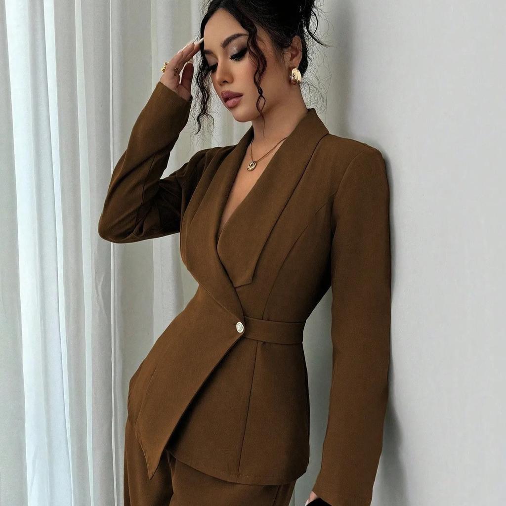 Spring and Autumn Fashion Temperament Casual Suit Women's Solid Color V-Neck Suit Wide Leg Pants Two-piece Set